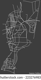 Mapa detallado negativo de las líneas blancas de navegación en las calles urbanas del DISTRITO SASPOW de la ciudad alemana de COTTBUS, Alemania sobre fondo gris oscuro