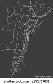 Detailed negative navigation white lines urban street roads map of the WILLMERSDORF DISTRICT of the German town of COTTBUS, Germany on dark gray background