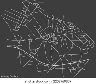 Detailed negative navigation white lines urban street roads map of the KAHREN DISTRICT of the German town of COTTBUS, Germany on dark gray background