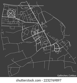 Detailed negative navigation white lines urban street roads map of the GALLINCHEN DISTRICT of the German town of COTTBUS, Germany on dark gray background