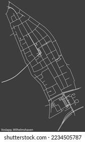 Detailed negative navigation white lines urban street roads map of the VOSLAPP DISTRICT of the German town of WILHELMSHAVEN, Germany on dark gray background
