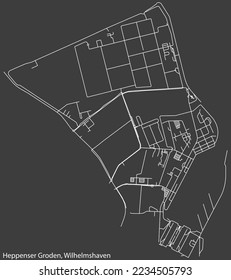 Mapa detallado negativo de las líneas blancas de navegación en las calles urbanas del DISTRITO HEPPENSER GRODEN de la ciudad alemana de WILHELMSHAVEN, Alemania sobre fondo gris oscuro
