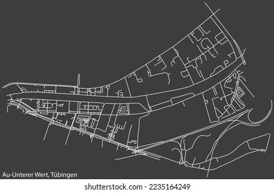 Detailed negative navigation white lines urban street roads map of the AU-UNTERER WERT DISTRICT of the German town of TÜBINGEN, Germany on dark gray background