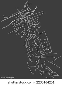Detailed negative navigation white lines urban street roads map of the BÜHL DISTRICT of the German town of TÜBINGEN, Germany on dark gray background