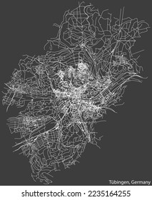 Detaillierte Negativnavigation mit weißen Linien Stadtstraßen Karte der deutschen Stadt TÜBINGEN, DEUTSCHLAND auf dunkelgrauem Hintergrund