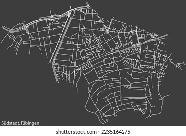 Mapa detallado negativo de las líneas blancas de navegación en las calles urbanas del DISTRITO SÜDSTADT de la ciudad alemana de TÜBINGEN, Alemania sobre fondo gris oscuro