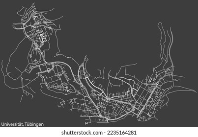 Detailed negative navigation white lines urban street roads map of the UNIVERSITÄT DISTRICT of the German town of TÜBINGEN, Germany on dark gray background