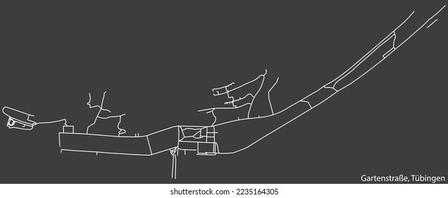 Mapa detallado negativo de las líneas blancas de navegación en las calles urbanas del DISTRITO GARTENSTRASSE de la ciudad alemana de TÜBINGEN, Alemania sobre fondo gris oscuro