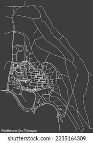 Detailed negative navigation white lines urban street roads map of the WALDHÄUSER OST DISTRICT of the German town of TÜBINGEN, Germany on dark gray background