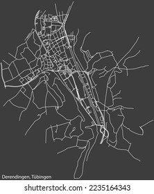 Detailed negative navigation white lines urban street roads map of the DERENDINGEN DISTRICT of the German town of TÜBINGEN, Germany on dark gray background