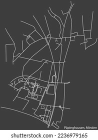 Detailed negative navigation white lines urban street roads map of the PÄPINGHAUSEN QUARTER of the German town of MINDEN, Germany on dark gray background