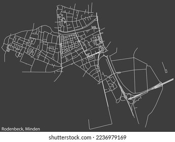 Detailed negative navigation white lines urban street roads map of the RODENBECK QUARTER of the German town of MINDEN, Germany on dark gray background