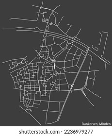Detailed negative navigation white lines urban street roads map of the DANKERSEN QUARTER of the German town of MINDEN, Germany on dark gray background
