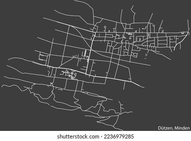 Detailed negative navigation white lines urban street roads map of the DÜTZEN QUARTER of the German town of MINDEN, Germany on dark gray background