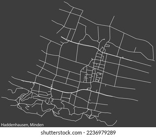 Mapa detallado negativo de las líneas blancas de navegación en las calles urbanas del TRIMESTRE HADDENHAUSEN de la ciudad alemana de MINDEN, Alemania sobre fondo gris oscuro