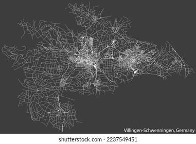 Detailed negative navigation white lines urban street roads map of the German town of VILLINGEN-SCHWENNINGEN, GERMANY on dark gray background