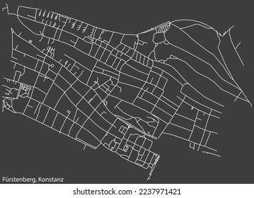 Detailed negative navigation white lines urban street roads map of the FÜRSTENBERG QUARTER of the German town of KONSTANZ, Germany on dark gray background