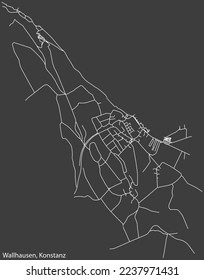 Detailed negative navigation white lines urban street roads map of the WALLHAUSEN QUARTER of the German town of KONSTANZ, Germany on dark gray background