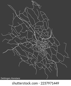 Detailed negative navigation white lines urban street roads map of the DETTINGEN QUARTER of the German town of KONSTANZ, Germany on dark gray background