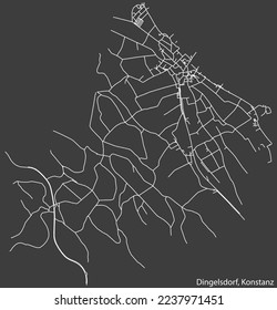 Detailed negative navigation white lines urban street roads map of the DINGELSDORF QUARTER of the German town of KONSTANZ, Germany on dark gray background