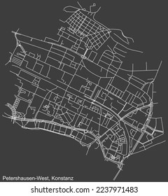 Mapa detallado negativo de líneas blancas de navegación en las calles urbanas del TRIMESTRE PETERSHAUSEN-OESTE de la ciudad alemana de KONSTANZ, Alemania sobre fondo gris oscuro