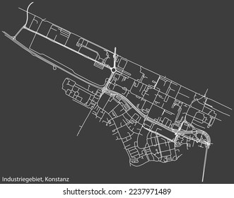 Detailed negative navigation white lines urban street roads map of the INDUSTRIEGEBIET QUARTER of the German town of KONSTANZ, Germany on dark gray background