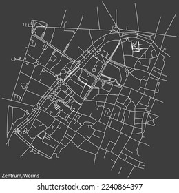 Detailed negative navigation white lines urban street roads map of the STADTZENTRUM QUARTER of the German town of WORMS, Germany on dark gray background
