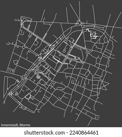 Detailed negative navigation white lines urban street roads map of the INNENSTADT DISTRICT of the German town of WORMS, Germany on dark gray background