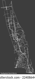 Mapa detallado negativo de líneas blancas de navegación en las calles urbanas del DISTRITO NORD STADTGEBIET de la ciudad alemana de WORMS, Alemania sobre fondo gris oscuro