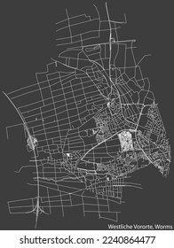 Detaillierte Negativnavigation mit weißen Linien Stadtstraßen Karte des STADTBEZIRK WESTLICHE VORORTE DISTRICT der deutschen Stadt WORMS, Deutschland auf dunkelgrauem Hintergrund