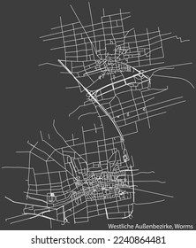 Detaillierte Negativnavigation mit weißen Linien Stadtstraßen Karte des STADTBEZIRK WESTLICHE AUSSENBEZIRKE DISTRICT der deutschen Stadt WORMS, Deutschland auf dunkelgrauem Hintergrund