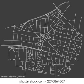Detailed negative navigation white lines urban street roads map of the INNENSTADT WEST QUARTER of the German town of WORMS, Germany on dark gray background