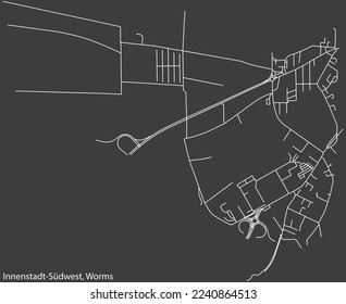 Detailed negative navigation white lines urban street roads map of the INNENSTADT SÜDWEST QUARTER of the German town of WORMS, Germany on dark gray background
