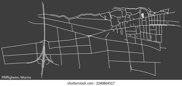 Detailed negative navigation white lines urban street roads map of the PFIFFLIGHEIM QUARTER of the German town of WORMS, Germany on dark gray background