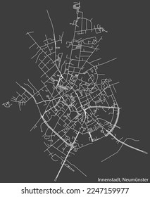 Mapa detallado negativo de las líneas blancas de navegación en las calles urbanas del TRIMESTRE STADTMITTE de la ciudad alemana de NEUMÜNSTER, Alemania sobre fondo gris oscuro