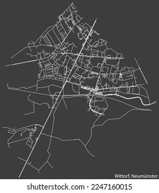 Detailed negative navigation white lines urban street roads map of the WITTORF QUARTER of the German town of NEUMÜNSTER, Germany on dark gray background