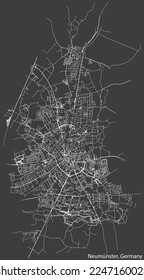 Detailed negative navigation white lines urban street roads map of the German town of NEUMÜNSTER, GERMANY on dark gray background