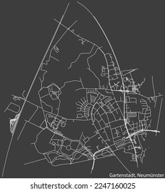 Detailed negative navigation white lines urban street roads map of the GARTENSTADT QUARTER of the German town of NEUMÜNSTER, Germany on dark gray background
