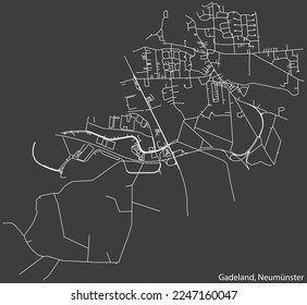 Mapa detallado negativo de las líneas blancas de navegación en las calles urbanas del barrio GADELAND de la ciudad alemana de NEUMÜNSTER, Alemania sobre fondo gris oscuro