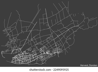 Mapa detallado negativo de las líneas blancas de navegación en las calles urbanas del DISTRITO HERVEST de la ciudad alemana de DORSTEN, Alemania sobre fondo gris oscuro