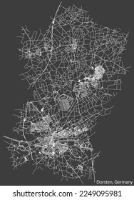 Detailed negative navigation white lines urban street roads map of the German town of DORSTEN, GERMANY on dark gray background