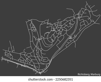 Detailed negative navigation white lines urban street roads map of the RICHTSBERG DISTRICT of the German town of MARBURG, Germany on dark gray background