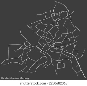 Detailed negative navigation white lines urban street roads map of the HADDAMSHAUSEN DISTRICT of the German town of MARBURG, Germany on dark gray background