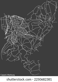 Mapa detallado negativo de líneas blancas de navegación en las calles urbanas del DISTRITO CAPPEL de la ciudad alemana de MARBURG, Alemania sobre fondo gris oscuro