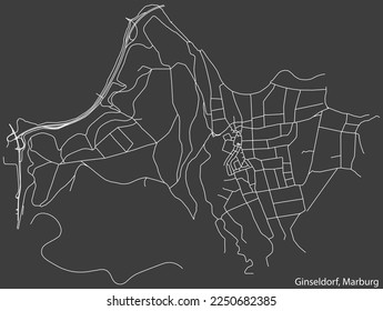 Detailed negative navigation white lines urban street roads map of the GINSELDORF DISTRICT of the German town of MARBURG, Germany on dark gray background
