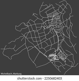 Detailed negative navigation white lines urban street roads map of the MICHELBACH DISTRICT of the German town of MARBURG, Germany on dark gray background