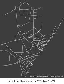 Detailed negative navigation white lines urban street roads map of the HENRICHENBURG WEST DISTRICT of the German town of CASTROP-RAUXEL, Germany on dark gray background