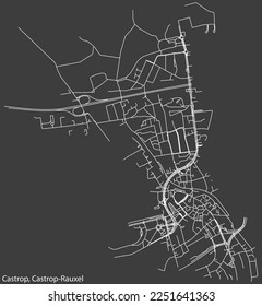 Detailed negative navigation white lines urban street roads map of the CASTROP DISTRICT of the German town of CASTROP-RAUXEL, Germany on dark gray background