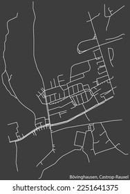 Detailed negative navigation white lines urban street roads map of the BÖVINGHAUSEN DISTRICT of the German town of CASTROP-RAUXEL, Germany on dark gray background