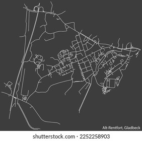 Detailed negative navigation white lines urban street roads map of the ALT-RENTFORT DISTRICT of the German town of GLADBECK, Germany on dark gray background